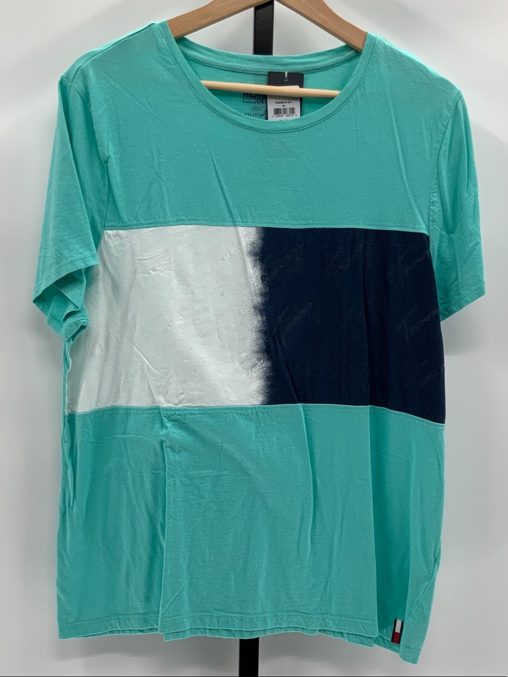 Tommy Hilfiger Teal Colorblock Short Sleeve Shirt with White and Navy Panels